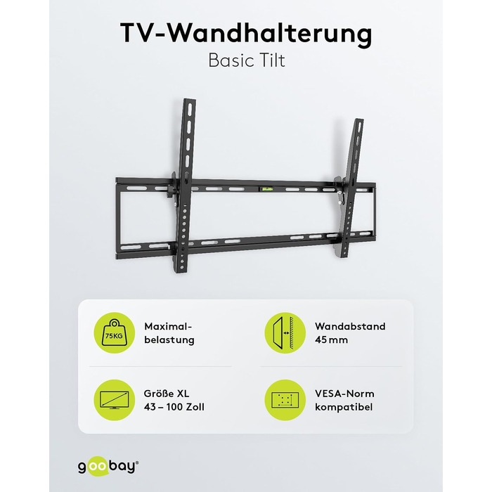 Настінний кронштейн для телевізора goobay Basic TILT XL (43–100 дюймів), нахил 10°, ультратонкий 45 мм, VESA 800x400, до 75 кг, 49743
