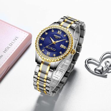 Годинник NIBOSI для жінок: аналоговий кварцовий годинник на зап'ясті, рожеве золото, діамантове циферблат, водонепроникний, стильний аксесуар для дівчат (2357 Blue)