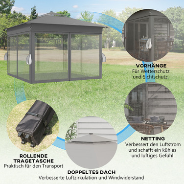 Outsunny Folding Gazebo, approx. 3 x 3 m, Gazebo with LED lights, 4 mosquito nets, side walls, garden gazebo with water bag, double roof, carry bag, dark grey | Aosom