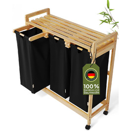 AMBIAVO® Laundry Basket with 3 Compartments and Wheels [black, 100% cotton, bamboo, 90 l volume] | Laundry Collector for dirty laundry | Laundry sorting system | Laundry sorter wood | Laundry box | laundry baskets
