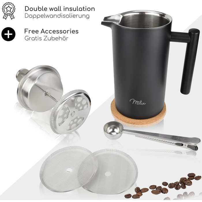 Milu French Press Coffee Maker | 350ml, 600ml, 1L | Stainless Steel Coffee Press, Coffee Maker for Home, Travel, Camping including Coaster, Spoon, Replacement Filters (Black, 1000ml (5 Cups) Black 1000ml (5 Cups)
