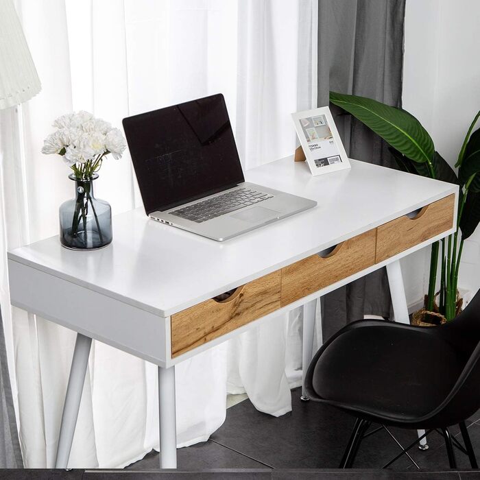 Soges Metal and E1 Wood Desk with 3 Drawers - 110x50x78cm White Office Writing Table for Storage