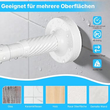 Штанга для карнизів без свердління 100-230 см, біла, Ø25 мм, телескопічна, для душу, вікна та балкону