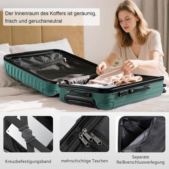 Набір валіз 3 в 1, жорсткий корпус, валізи та ролери з 4 колесами та кодовим замком, ручна валіза, темно-зелений набір
