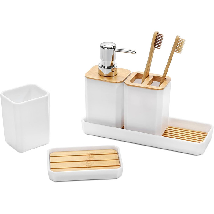 Набір аксесуарів для ванної кімнати FEILANDUO, 5 шт: дозатор для мила, мильниця, тримач для зубних щіток, стакан для води, піднос для косметики, Бохо, сучасний дизайн (білий)