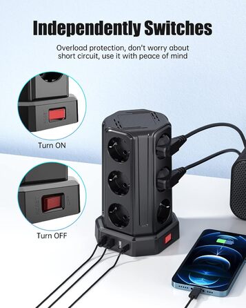 Смуга розподілу Sameriver на 12 розеток з кабелем 5м, 4 USB-порти, захист від перенапруги, чорний