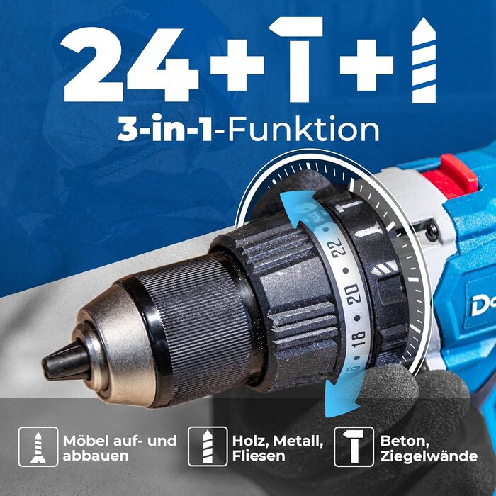 Акумуляторний ударний дриль-шуруповерт DongCheng 18V (2x2.0 Ah), 20+1+1 ступенів моменту, 13 мм патрон, 19-ти частинний набір з аксесуарами (120Nm)