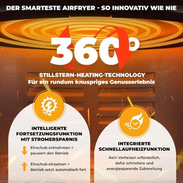Аерофритюрниця Stillstern 6,5 л з LED-екраном, 10 програм, 1800 Вт, чорна, без олії, таймер, функція розморожування, книга рецептів німецькою
