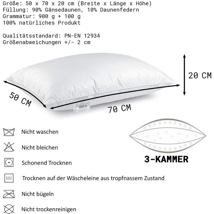 H&F Heimtextilien Premium Quality | Pillow 50x70 cm | 1000 Grams Down, Goose Down | 100% Natural Three-Chamber Pillow | Cover: 100% Cotton | 3-Chamber Down Pillow | Oeko-TEX Certified