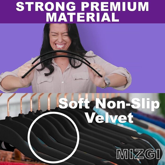 Плечики для одягу MIZGI з велюру (30 шт.), міцні, неслизькі, чорні, з гачками кольору міді/рожевого золота, економія місця