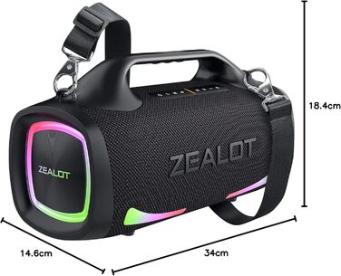 ZEALOT Bluetooth колонка 100W, XBass, Bluetooth 5.2, USB-C, 24000mAh, IPX6 водонепроникна, для кемпінгу, пляжу, басейну, саду - Чорна