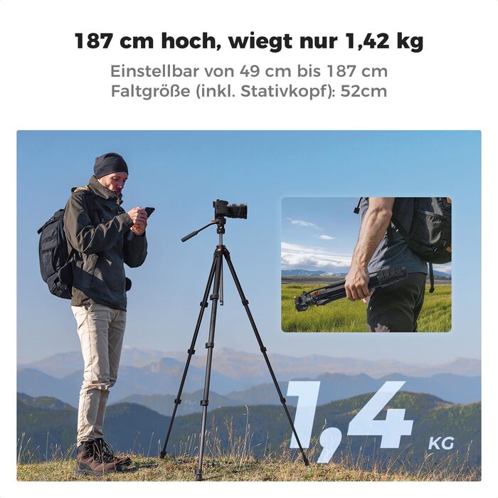 Штатив для камери K&F Concept з гідравлічною головою, алюмінієвий компактний штатив для DSLR, відеоштатив 187 см з тримачем для смартфона та планшета