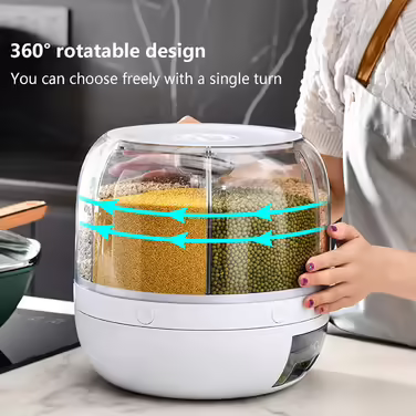 360° Swivel Cereal Storage Food Dispenser with 6 Compartments, Rice Storage Container, Dry Food, Fruit Storage Box, Swivel Food Storage Bucket, for Home