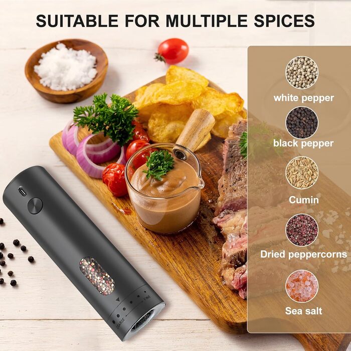 Електричний набір для солі та перцю з зарядною станцією, об'єм 110 мл, перезаряджувана солянка з 5 рівнями, керамічна млинка з щіткою (1 шт. чорний)