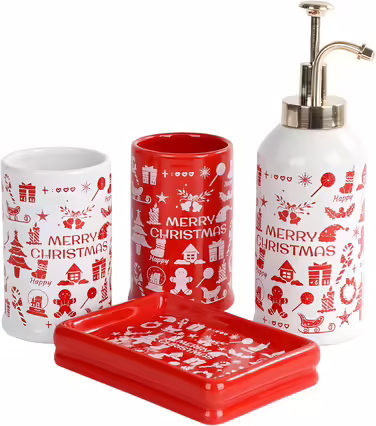 4-Piece Ceramic Bathroom Set, Artistic Line Face Bathroom Accessories Set with Soap Dispenser, Toothbrush Holder, Cup, Soap Dish, Abstract Bathroom Set for Decor, Cream (Merry Christmas)