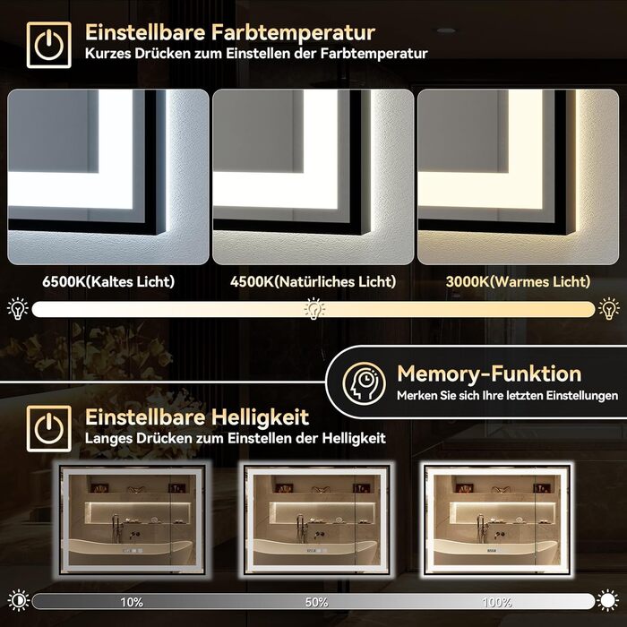 Дзеркало для ванної кімнати YU YUSING з підсвічуванням 60x80 см, антизапар, 3 кольори світла, регулювання яскравості, LED-дзеркало з годинником, IP44, вертикальне, срібло (чорний металевий каркас, 70x50 см)