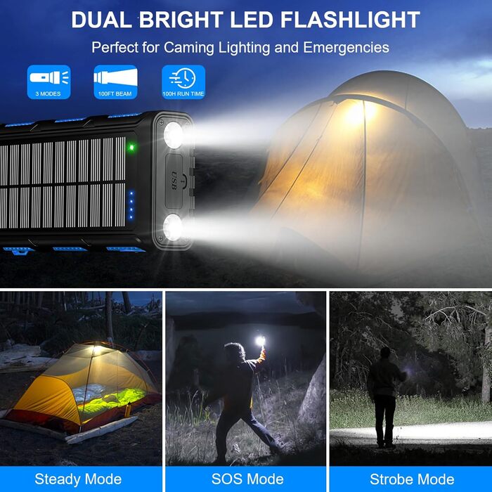 Сонячний Power Bank 26800 mAh з ручкою та 4 кабелями, USB-C, 7 виходів, 4 входи, для телефону, Outdoor, водонепроникний, зовнішній акумулятор для кемпінгу (Синій)