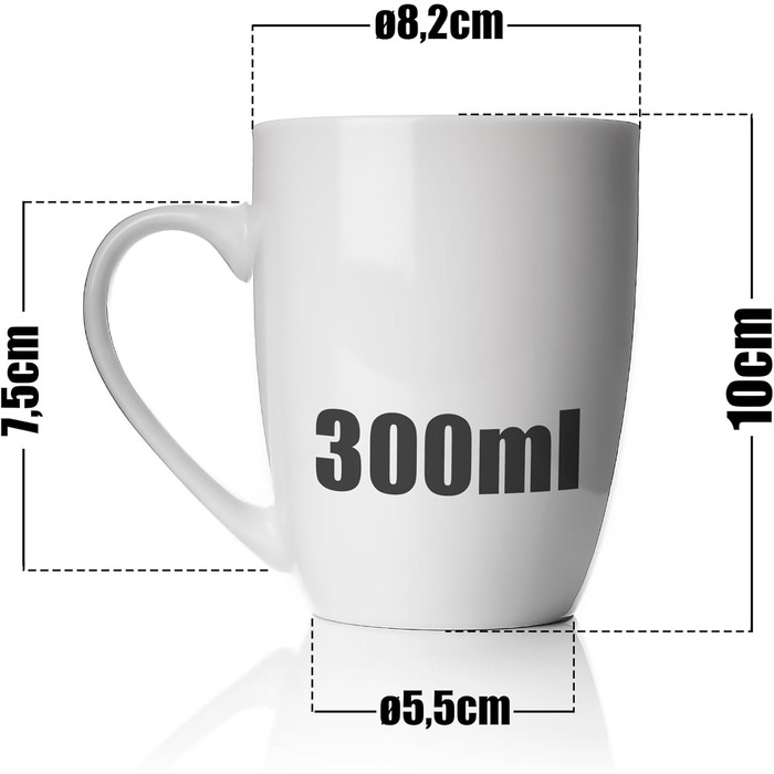 Набір кавових чашок BigDean 6 шт. 300 мл з якісного фарфору, білі, з ручкою, для розмальовування, стійкі до подряпин та ударів, придатні для миття в посудомийній машині