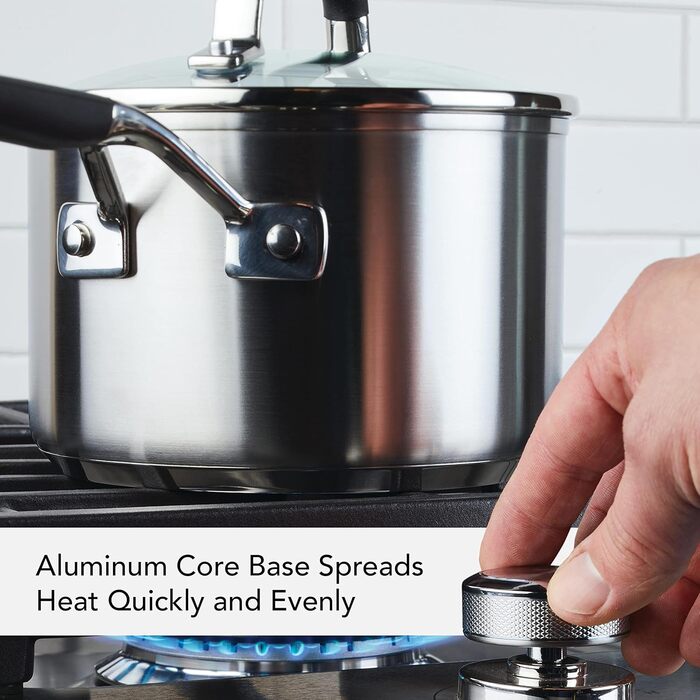 Набір кухонного посуду KitchenAid з нержавіючої сталі, 10 предметів, з полірованою поверхнею (каструля з ручкою 2 літри)