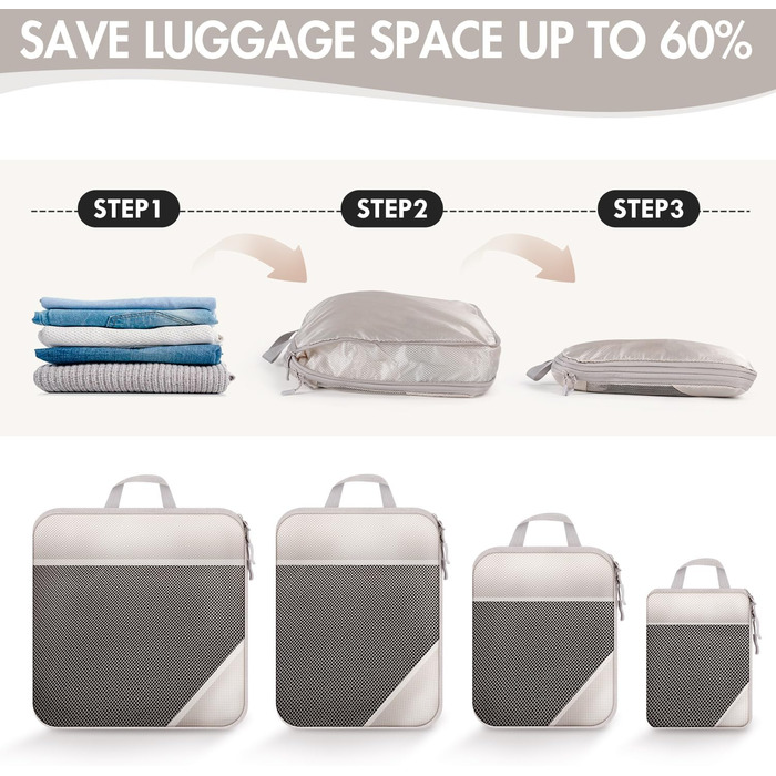 Набір органайзерів для валізи 10 шт. Packing Cubes з компресією, бежевий - органайзери для подорожей, сумки для одягу