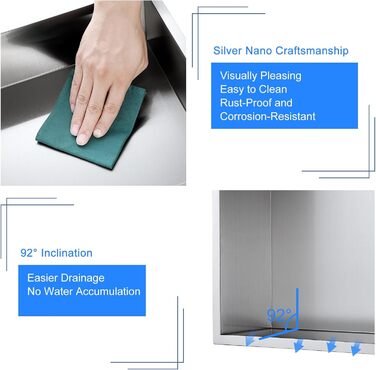 KINKIBOS Wall Niche Shower Stainless Steel, No Tiles Required, Recessed Shower Niche 30 x 30 x 10 cm, Shower Niche Single Shelf Storage