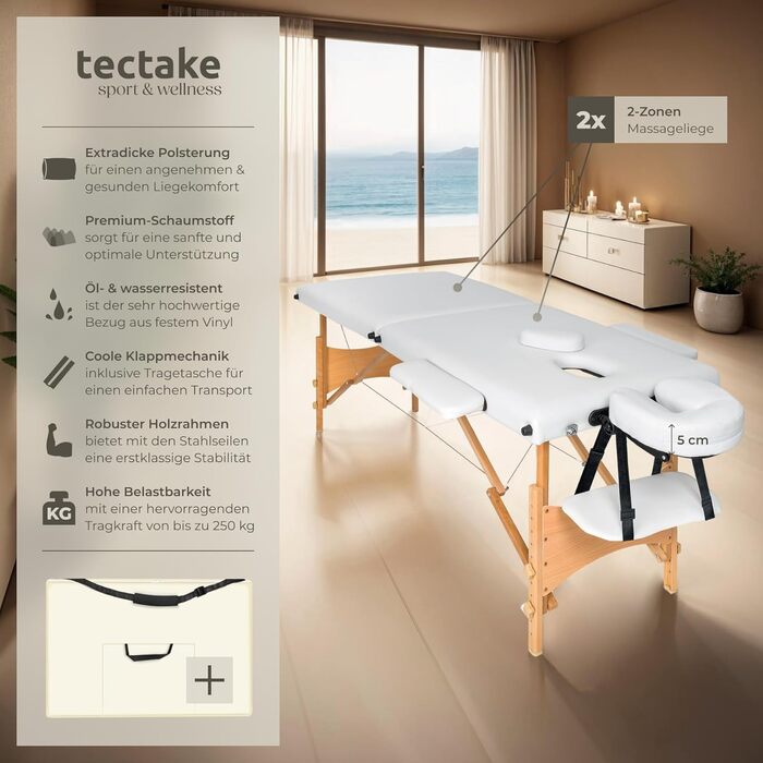 Масажне ліжко Tectake® з 2 зонами, складна, портативна, з 5 см підкладкою, регульована висота, для мобільного масажу, масажна банкетка з дерев'яними ніжками та аксесуарами (сумка-переноска) - без масажних роликів, білий