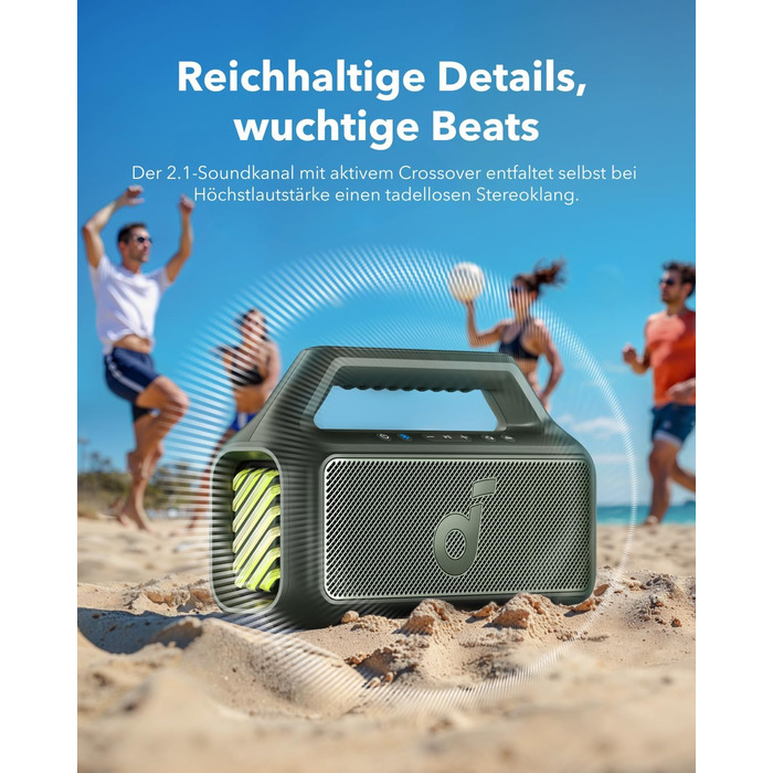 Soundcore Boom 2 - Портативна Bluetooth Колонка, 80W, Сабвуфер, BassUp 2.0, 24h, IPX7, LED, USB-C, BT 5.3, для кемпінгу, пляжу, саду (зелена)
