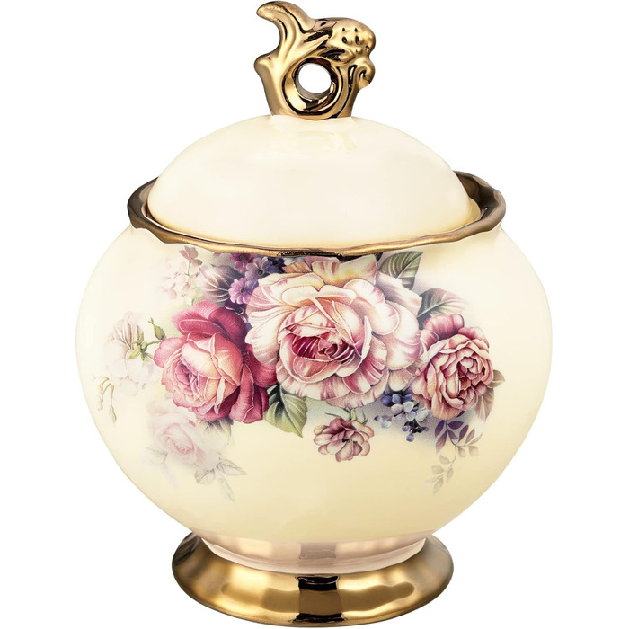 Fanquare White Porcelain Sugar Bowl with Lid, English Royal Family Sugar Pot, Rose Ceramic Sugar Bowl for Coffee Service Set