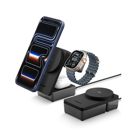 Зарядна станція Spigen Essential Qi2.2 25W 3-в-1 MagSafe для iPhone 17/16 Pro Max, Pixel 10 Pro, AirPods, Samsung Galaxy S26 Ultra - Чорна + USB-C кабель 2м