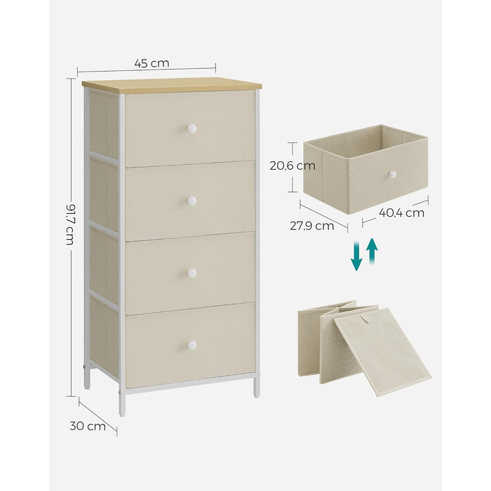 SONGMICS Chest of Drawers, Storage Cabinet with 4 Fabric Drawers, Metal Frame, Tall and Narrow, White-Oak Finish LTS314W57 (Camel Yellow + Cream White, 30W x 45D x 91.7H cm (4 Drawers))