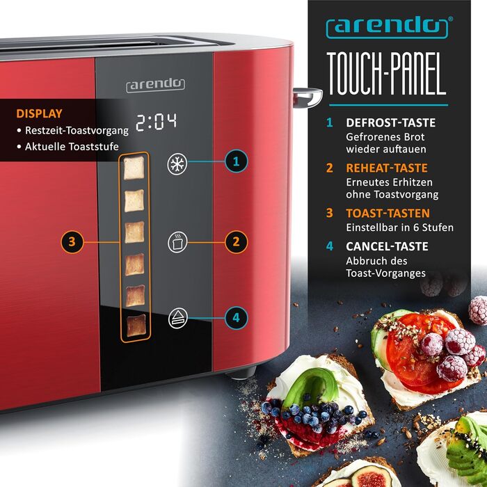 Тостер Arendo з нержавіючої сталі, 2 слоти, сенсорний дисплей, подвійні стінки, насадка для тостів, 6 рівнів підсмажування, центрування хліба, таймер, пам'ять - Чорний (D: Karminrot)