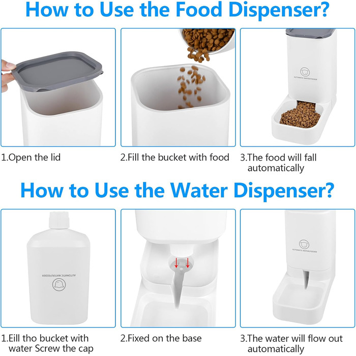 Автоматичний годівниця для котів Dreamhigh® з резервуаром 2.1 кг та диспенсер для води для собак 3.8 л, без електроживлення, без PBA, білий