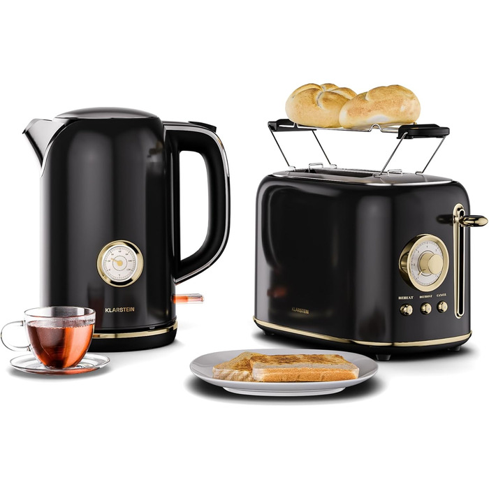 Набір тостера та чайника Klarstein Victoria, ретро дизайн, 2-х шматковий тостер з 7 рівнями підсмажування та підставкою для бургерів, чайник 1.7л з фільтром від накипу, набір для сніданку, кремовий (чорний)