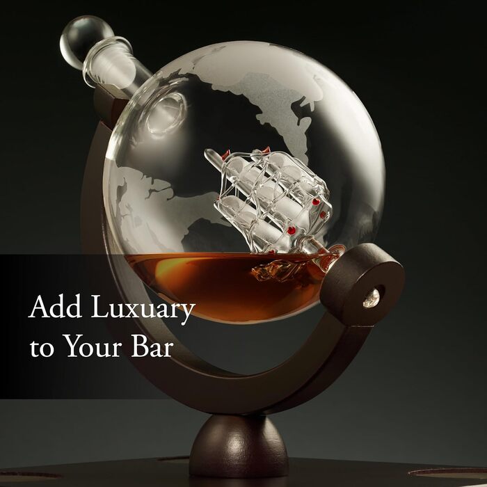 Crystal Whiskey Decanter Globe Set with 4 Glasses - Bourbon, Rum, Scotch Gift for Men, Dad, Him - Transparent Globe Decanter Set