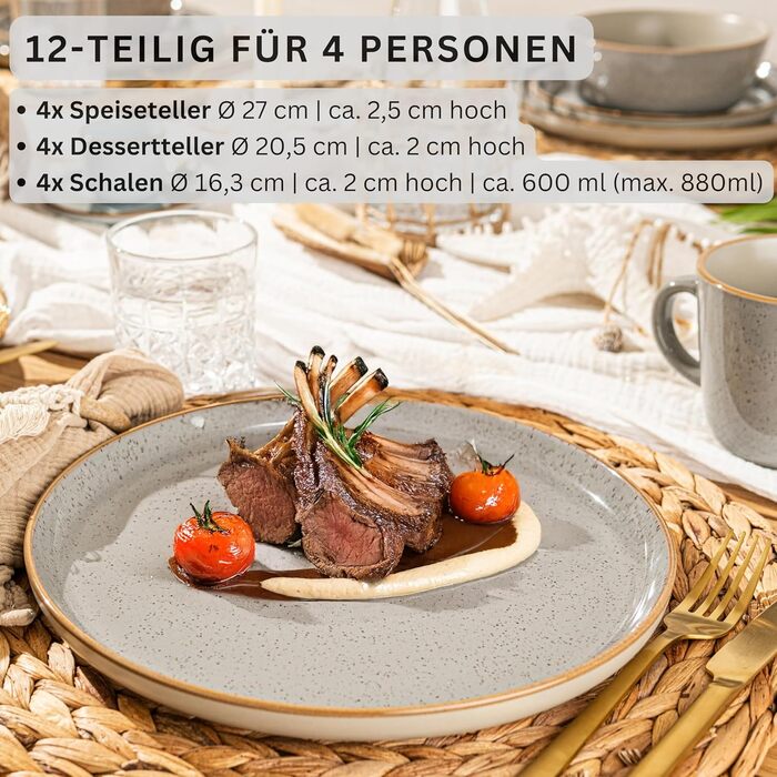 Набір посуду SÄNGER Rio Perlgrau: 12 предметів, керамічний сервіз для 4 осіб (4 тарілки, 4 десертні тарілки, 4 миски). Сервіз сірого кольору, VALUE COLLECTION