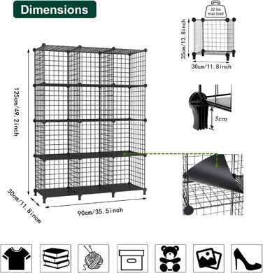 AWTATOS Regal 12 Regal Wire Cube Stackable Shelf Cube DIY Metal Grid Shelf Cube Bookshelf Cube Shelf With Doors For Living Room, Bedroom, Bathroom Black USCIH12BE