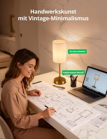 Настільна лампа Bojim 2 шт. Retro LED з USB зарядкою, регульоване освітлення, тканинний абажур, металевий корпус, для спальні та вітальні