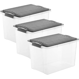 Rotho Compact 3-Piece Storage Box Set 70l with Lid and Wheels (3x19l, Anthracite/Transparent)