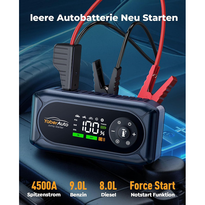 Powerbank для автомобіля YaberAuto AP02 з компресором, 150PSI, 4500A, для бензинових двигунів до 9.0L та дизельних до 8.0L, LED ліхтар 500 Lumen (4 режими), LCD дисплей 3.3