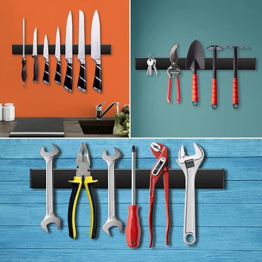 Improved 50cm Trhillsbrad Magnetic Knife Strip, 50cm Magnetic Knife Holder with 3 Hooks, Stainless Steel Knife Rail, Self-Adhesive, Black Wall Mount Magnetic Strip, No Drilling Knife Holder