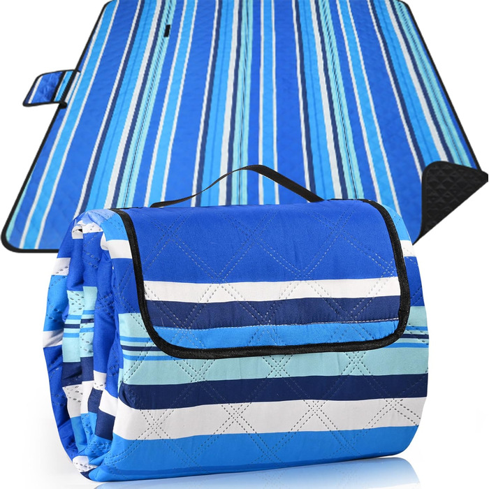 Водонепроникний плед для пікніка Boho 200x200см, XXL. Плед для пікніка, пляжу, кемпінгу, з бавовни, пісконепроникний, пральний, туристичний. Синій у смужку