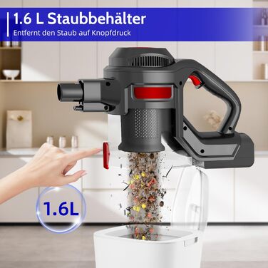 Бездротовий пилосос Authmic 40000Pa з акумулятором, час роботи до 50 хв, об'єм контейнера 1.6 л, HEPA фільтр x4, для килимів, твердих підлог та шерсті тварин