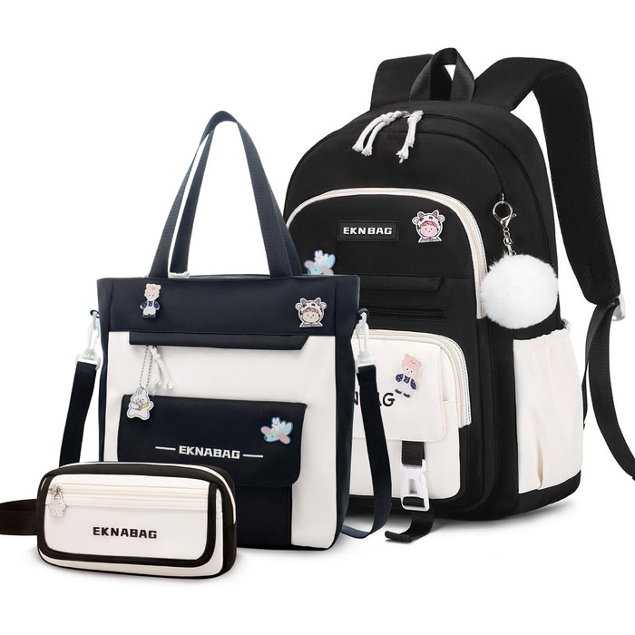 Рюкзак Tanou для дівчаток, шкільний набір: рюкзак, сумка через плече та пенал, чорний