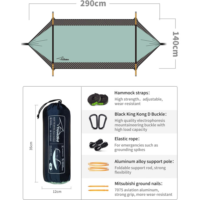 Гамак-намет для кемпінгу з москітною сіткою та сонцезахистом, 290x140 см, великий простір, багатофункціональний, легкий, з ременями для кріплення до дерева, підлоговий намет для відпочинку на природі, пішохідний туризм, зелений