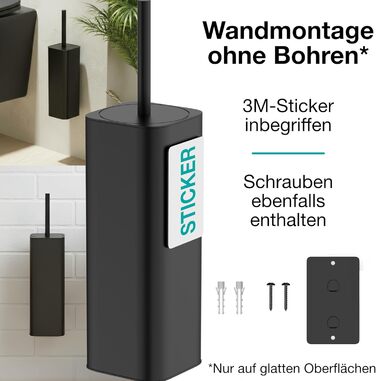 Настінна щітка для унітазу Klobürste Wandmontage чорного кольору: силіконова щітка з металом, без свердління, кріплення на стіну за допомогою наклейки або шурупа, тримач для щітки WC3680