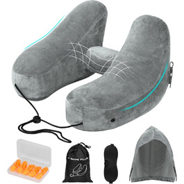 Подушка для шиї в літак надувна, подушка-літачок, подушка для дорослих з підголовником, капелюх, сумка, маска для сну, навушники для подорожей, авто, офіс (сіра)