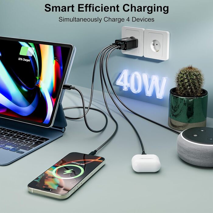 Подвійний зарядний пристрій USB-C 40W з 4 портами (USB-C та USB-A), PD 3.0, для iPhone, Samsung, iPad, Tablet, 2 шт., чорний