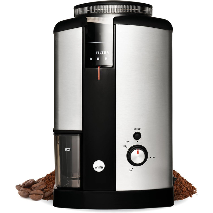 Кавомолка Wilfa SVART NYMALT - с контейнером для зерен 250г, 160 Вт, легко чиститься, срібна