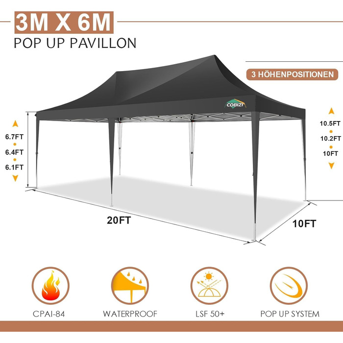 COBIZI Pavilion 3x3 Waterproof, Stable, Winter-Proof Party Tent 3x3 with 4 Side Walls Pop-Up Folding Pavilion UV Protection 50+ Garden Pavilion with Handbag, 8X Pegs and 4X Wind Rope, (Black, 3x6 m)