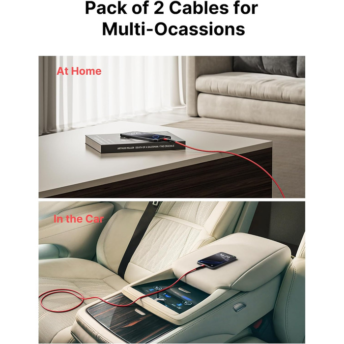 Кабель USB-C JSAUX 3.1A (2 шт. по 2м), 2 шт., червоний, для Samsung Galaxy, iPhone, PS5, CarPlay, нейлон, швидка зарядка